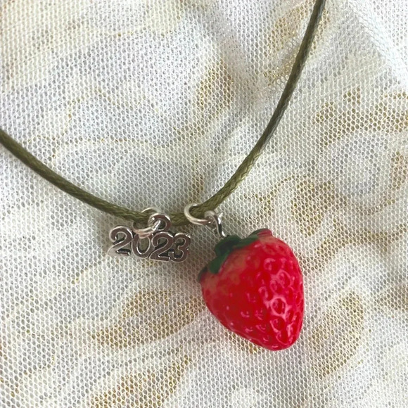 Women's/Girls Cute Strawberry Fruit Resin 2023 Charm Pendant with Cord Necklace - Picture 5 of 6